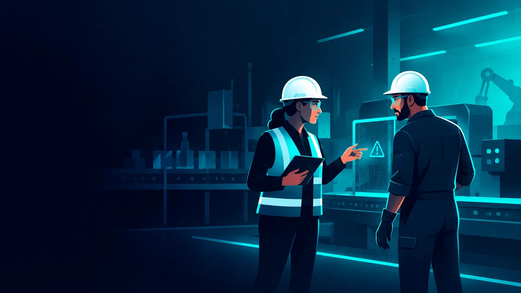 An EHS leader in PPE discusses a practical safety fix with an operator on the manufacturing floor